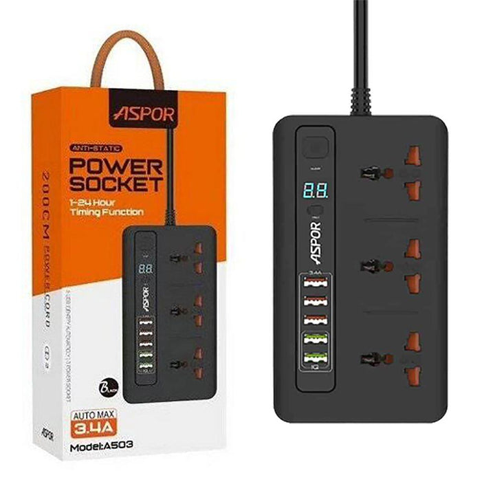 وصلة كهربائية بـ3 فيش و 5 مداخل Aspor POWER SOCKET 1-24 Hour Timing Function usb - Dupamine Store - 15.000