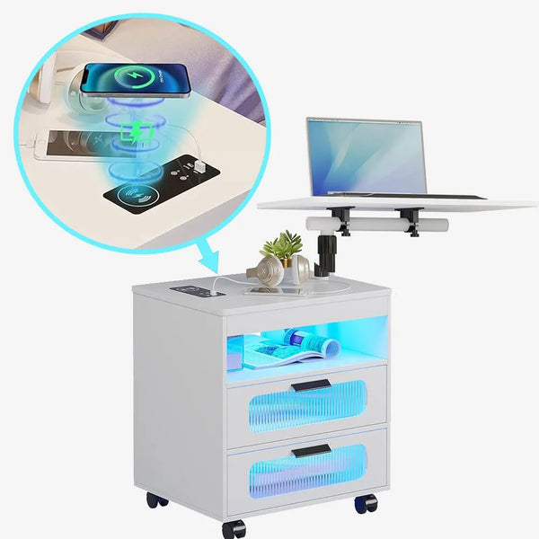 طاولة جانبية بضوء حساس وقاعدة لابتوب متحركة وشاحن ذكي Side table with sensitive light, mobile laptop stand and smart charger